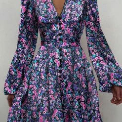 Levency Satin V Neck Puff Long Sleeve Mini Dress New In