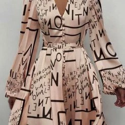 Levency Satin V Neck Puff Long Sleeve Mini Dress New In