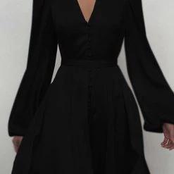 Levency Satin V Neck Puff Long Sleeve Mini Dress New In