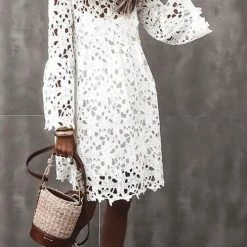 Levency New In Lace Hollow Flares Sleeve Mini Dress
