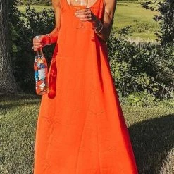 Levency New In Linen Solid Pockets Slip Maxi Dress