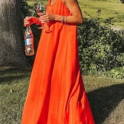 Levency New In Linen Solid Pockets Slip Maxi Dress