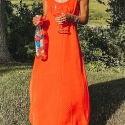 Levency New In Linen Solid Pockets Slip Maxi Dress