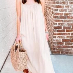 Levency New In Linen Solid Pockets Slip Maxi Dress