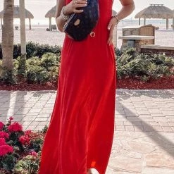 Levency New In Linen Solid Pockets Slip Maxi Dress