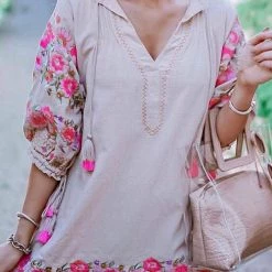 Levency New In Embroidery Tassels Puff Sleeve Mini Dress