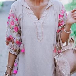 Levency New In Embroidery Tassels Puff Sleeve Mini Dress