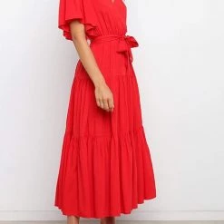 Levency New In Solid Ruffles Belted Maxi Dress