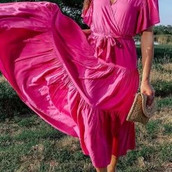 Levency New In Solid Ruffles Belted Maxi Dress