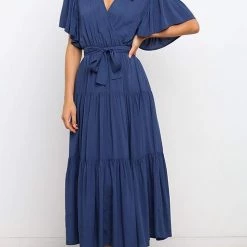 Levency New In Solid Ruffles Belted Maxi Dress