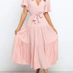 Levency New In Solid Ruffles Belted Maxi Dress