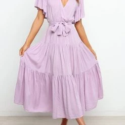 Levency New In Solid Ruffles Belted Maxi Dress