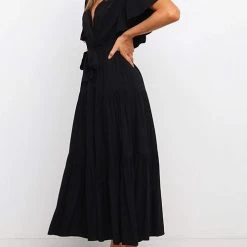 Levency New In Solid Ruffles Belted Maxi Dress