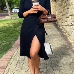 Levency Solid V Neck Slit Dress New In