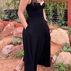 Levency Solid V Slip Maxi Dress