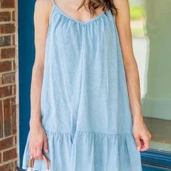 Levency New In Ruffles Hem Denim Slip Mini Dress