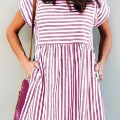 Levency Stripe Short Sleeve Pocekts Mini Dress New In