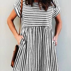 Levency Stripe Short Sleeve Pocekts Mini Dress New In