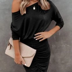 Levency New In Ruched Dew Shoulder Bat Mini Dress