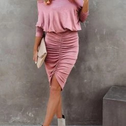 Levency New In Ruched Dew Shoulder Bat Mini Dress