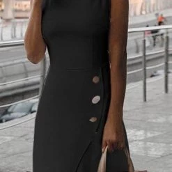 Levency Solid Button Sleeveless Dress New In