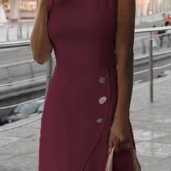 Levency Solid Button Sleeveless Dress New In