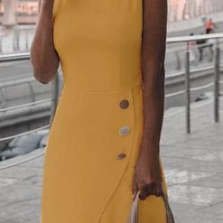 Levency Solid Button Sleeveless Dress New In