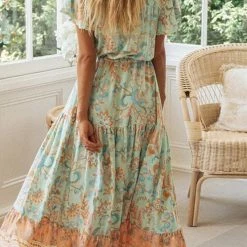 Levency Boho Print Button Tassesl Maxi Dress