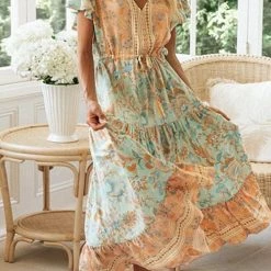 Levency Boho Print Button Tassesl Maxi Dress