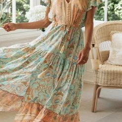 Levency Boho Print Button Tassesl Maxi Dress