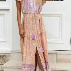 Levency Boho Print Button Tassesl Maxi Dress