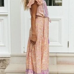 Levency Boho Print Button Tassesl Maxi Dress