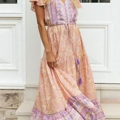 Levency Boho Print Button Tassesl Maxi Dress