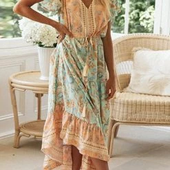 Levency Boho Print Button Tassesl Maxi Dress