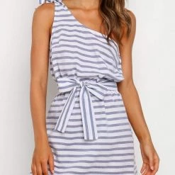 Levency Bow Stripe One Shoulder Mini Dress New In