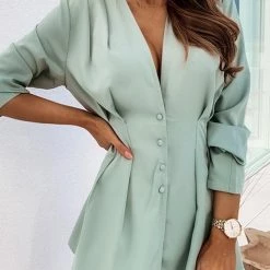 Levency Basque Waist Button Long Sleeve Mini Dress