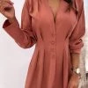 Levency Basque Waist Button Long Sleeve Mini Dress