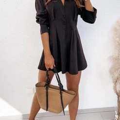 Levency Basque Waist Button Long Sleeve Mini Dress