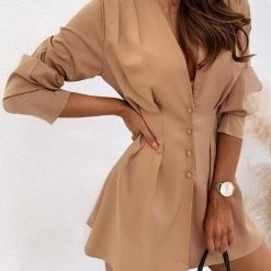 Levency Basque Waist Button Long Sleeve Mini Dress