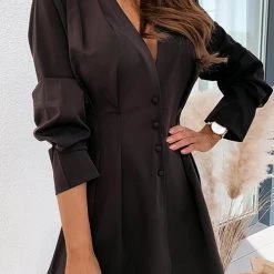 Levency Basque Waist Button Long Sleeve Mini Dress
