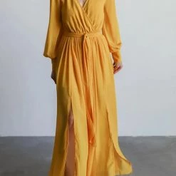 Levency Button Puff Sleeve Belted Maxi Dress New In