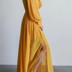 Levency Button Puff Sleeve Belted Maxi Dress New In