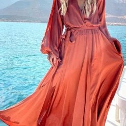 Levency Button Puff Sleeve Belted Maxi Dress New In