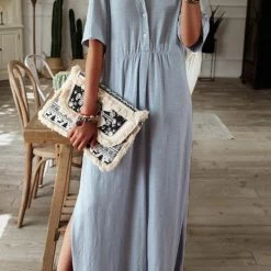 Levency Button Half Sleeve Slit Shirt Dress