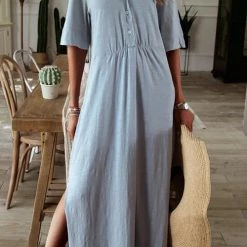 Levency Button Half Sleeve Slit Shirt Dress