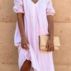 Levency Solid V Neck Loose Dress New In