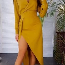 Levency V Neck Long Sleeve Slit Dress New In