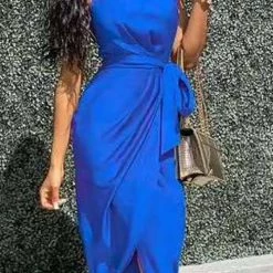 Levency One Shoulder Slit Bleted Dress