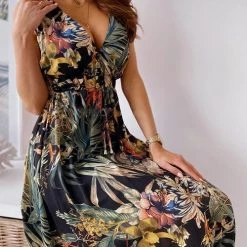 Levency Leaf Print V Neck Sleeveless Maxi Dress