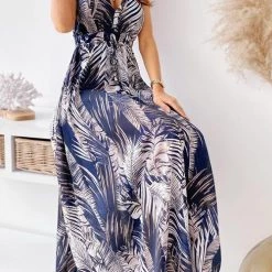 Levency Leaf Print V Neck Sleeveless Maxi Dress